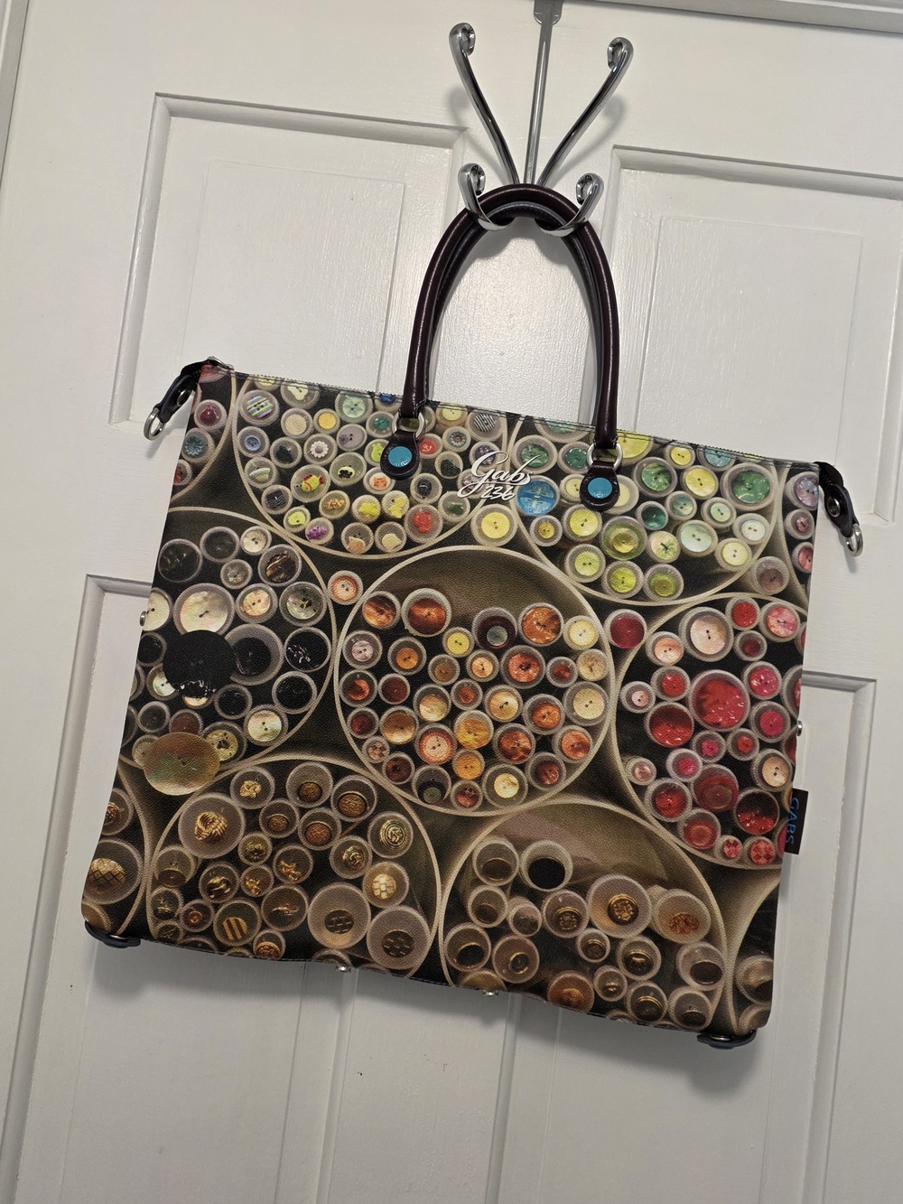 Gabs Multicolor Buttons Everywhere Printed Tote with Brown Leather Handles